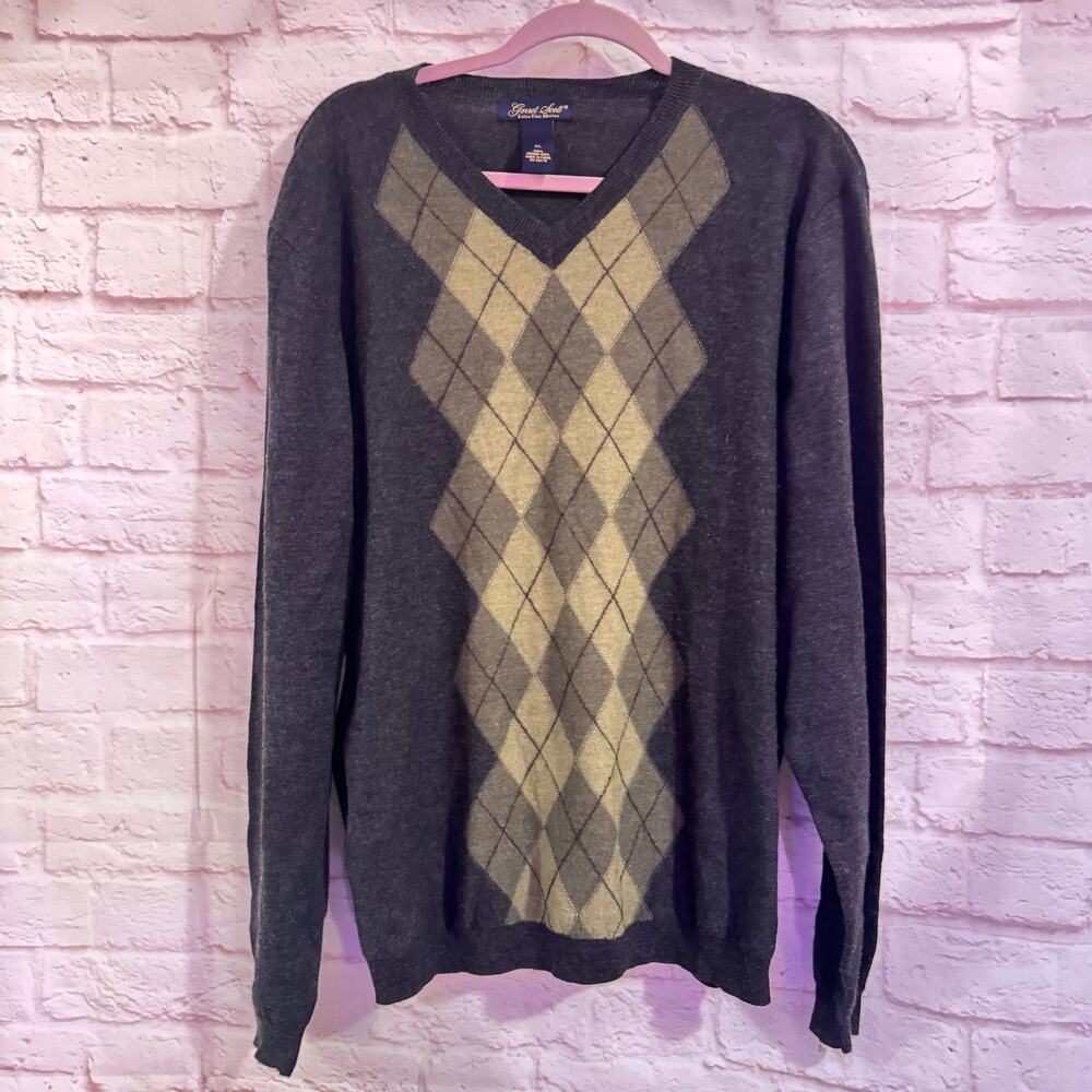 Garrett Scott Gorgeous Gray with Green Argyle sweater Merino wool sz XL #wool